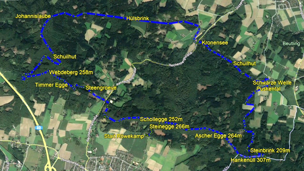 routekaart rondwandeling Dissen am Teutoburgerwald