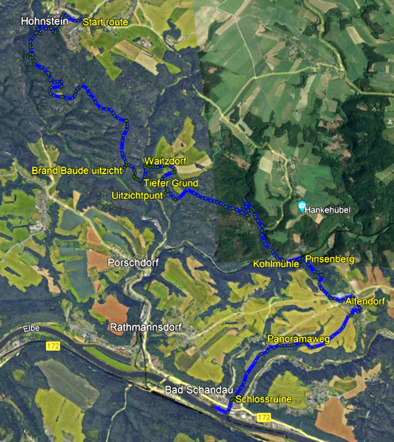 routekaart wandeltocht Hohnstein Bad Schandau