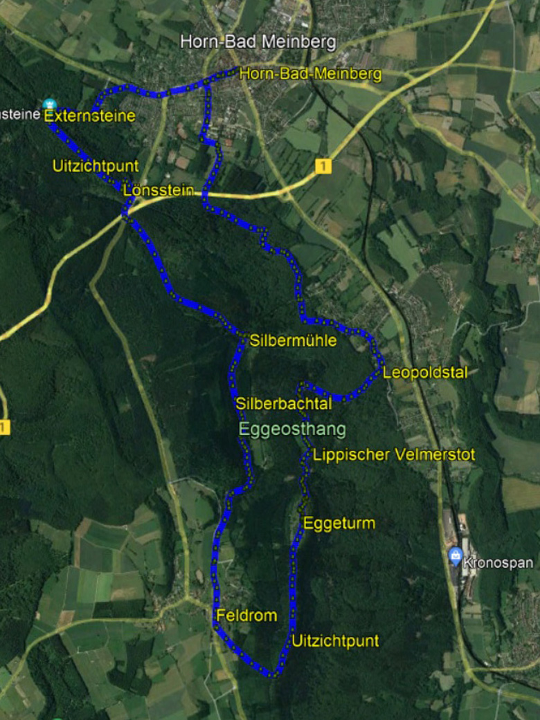 routekaart rondwandeling Externsteine en Silberbachtal