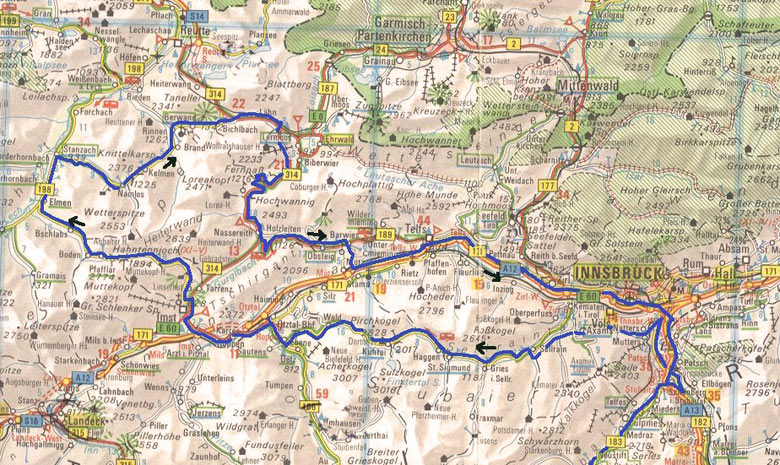 routekaart autorondrit Innsbruck